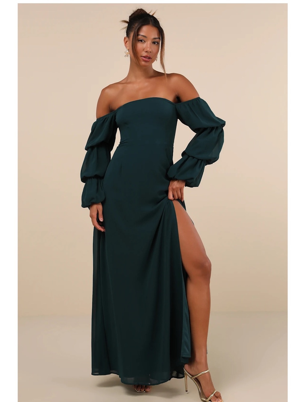 Lulus Demure Aura Emerald Green Tiered Ballon Sleeve Off- Shoulder Maxi Dress